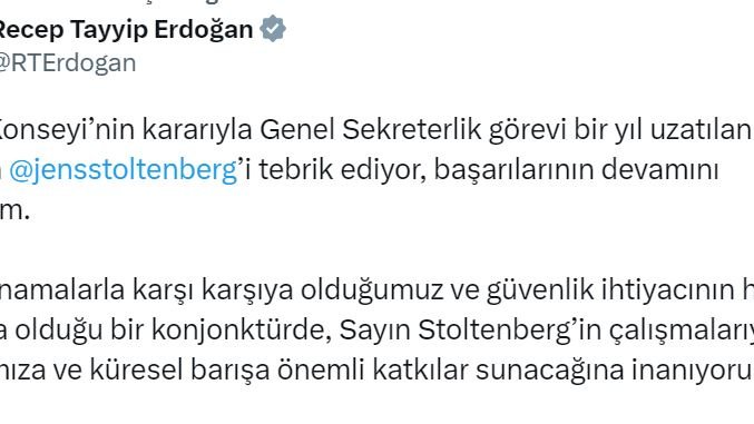 Cumhurbaşkanı Erdoğan'dan NATO Genel Sekreteri Stoltenberg'e tebrik