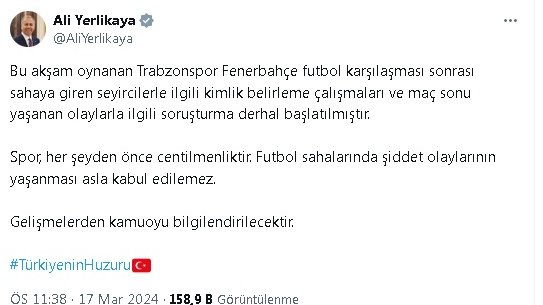 Bakan Yerlikaya: Trabzonspor-Fenerbahçe maçı sonrası yaşananlar ile ilgili soruşturma başlatılmıştır