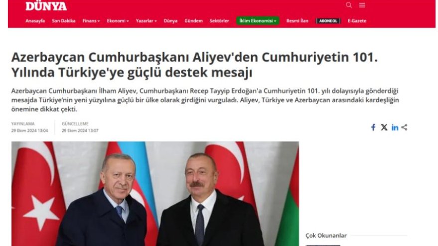 Türkiyə mediası Prezident İlham Əliyevin qardaş ölkənin Respublika Günü münasibətilə təbrikini geniş işıqlandırıb